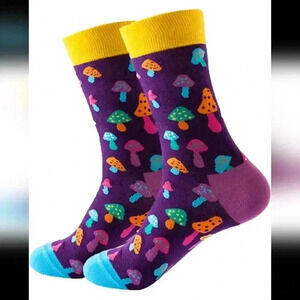 Fun psychedelic mushroom blue and purple crew socks for men unisex funny shoes f